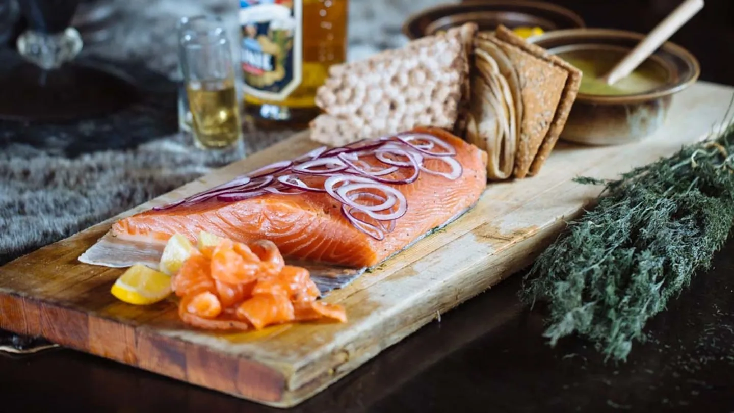 Salmon and crackers served at Geilo Mountain Lodge