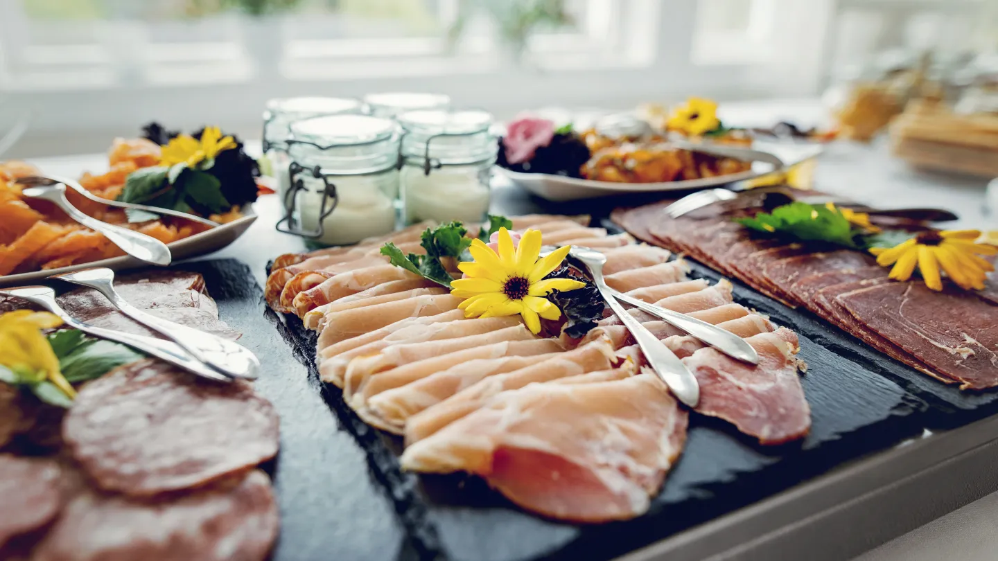 A selection of meats in the breakfast buffet at Haaheim Gaard