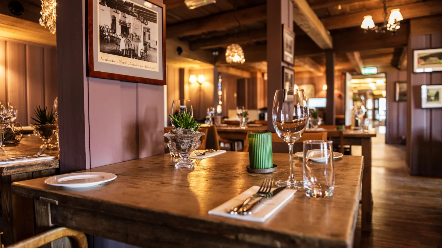 A table set for a meal in the restaurant at Sundvolden Hotel