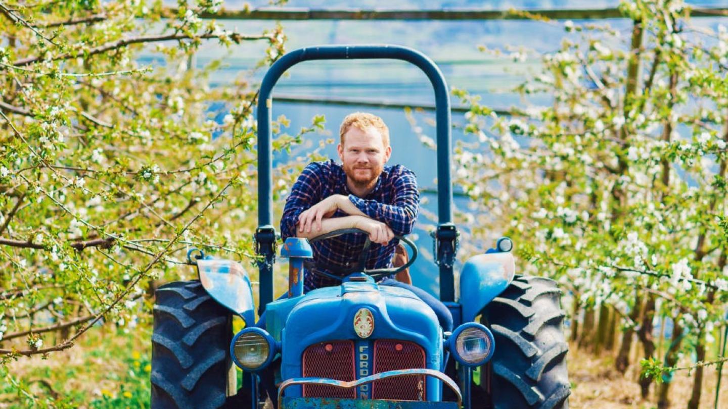 Olav Bleie, the man behind Alde Sider, on a tractor in the apple orchard